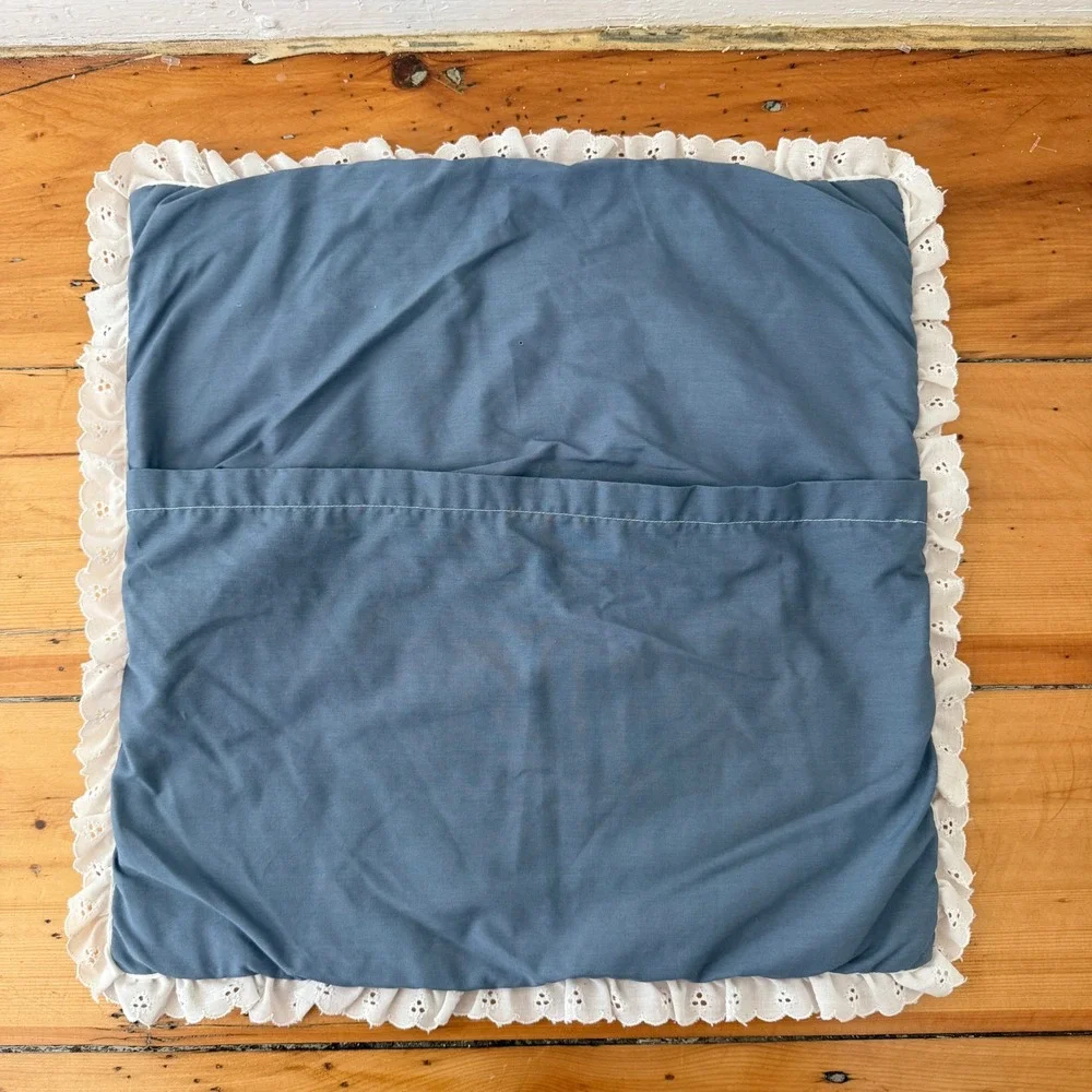 Handmade Quilted Cat Pillow Cover 16x16 Blue Floral Applique Eyelet Cottagecore